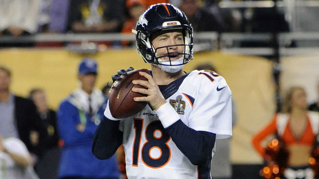 SANTA CLARA, CA - FEBRUARY 07: Peyton Manning #18 of the Denver Broncos drops back to pass against the Carolina Panthers during Super Bowl 50 at Levi's Stadium on February 7, 2016 in Santa Clara, California.