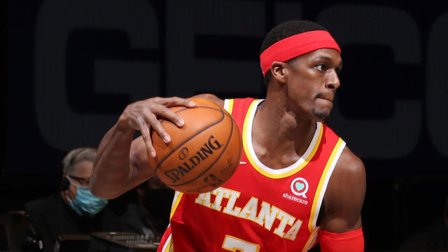 BROOKLYN, NY - DECEMBER 30: Rajon Rondo #7 of the Atlanta Hawks dribbles the ball on December 30, 2020 at Barclays Center in Brooklyn, New York. Mandatory Copyright Notice: Copyright 2020 NBAE