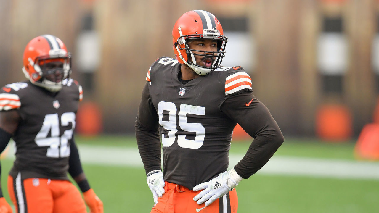 CLEVELAND, OHIO - JANUARY 03: Defensive end Myles Garrett #95 of the Cleveland Browns waits for the next play during the first half against the Pittsburgh Steelers at FirstEnergy Stadium on January 03, 2021 in Cleveland, Ohio. The Browns defeated the Steelers 24-22.
