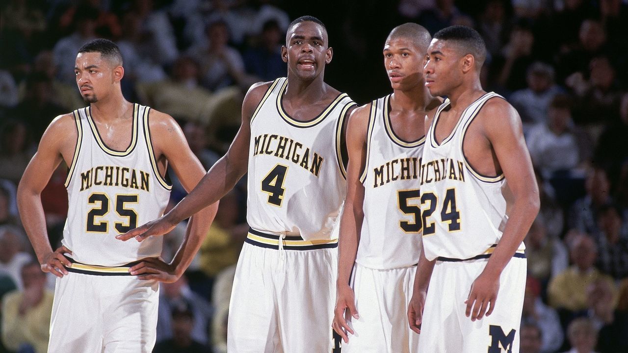 UNITED STATES - MARCH 08: College Basketball: (L-R) Michigan Juwan Howard (25), Chris Webber (4), Jalen Rose (5), and Jimmy King (24) on court during game vs Indiana, Ann Arbor, MI 3/8/1992