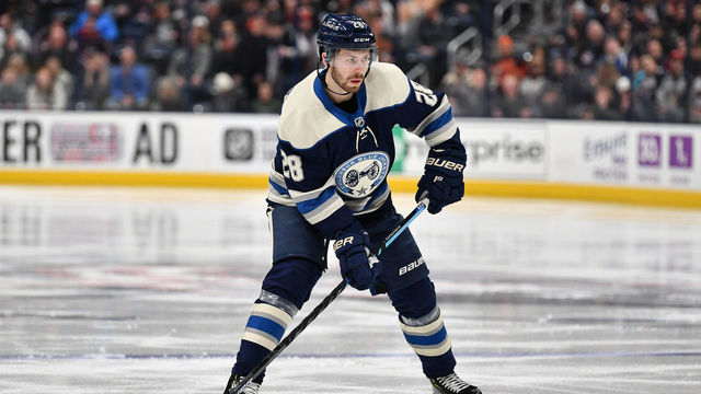 COLUMBUS, OH - FEBRUARY 20: Oliver Bjorkstrand #28 of the Columbus Blue Jackets skates against the Philadelphia Flyers on February 20, 2020 at Nationwide Arena in Columbus, Ohio.