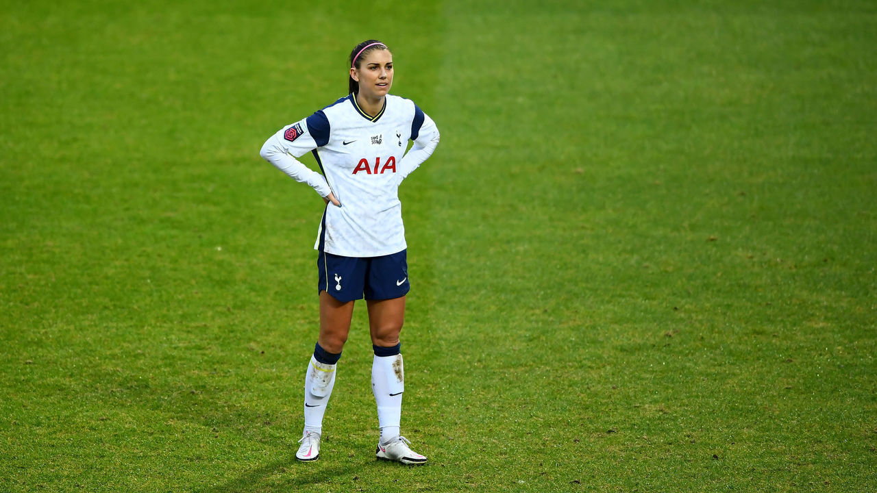 BARNET, ENGLAND - DECEMBER 13: Alex Morgan of Tottenham Hotspur looks on during the Barclays FA Women's Super League match between Tottenham Hotspur Women and Aston Villa Women at The Hive on December 13, 2020 in Barnet, England. A limited number of fans are welcomed back to stadiums to watch elite football across England. This was following easing of restrictions on spectators in tiers one and two areas only.