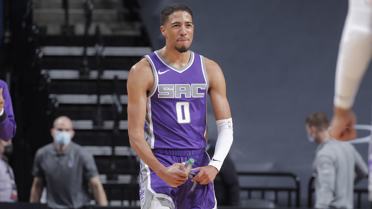 SACRAMENTO, CA - DECEMBER 29: Tyrese Haliburton #0 of the Sacramento Kings reacts during the game against the Denver Nuggets on December 29, 2020 at Golden 1 Center in Sacramento, California. NOTE TO USER: User expressly acknowledges and agrees that, by downloading and or using this photograph, User is consenting to the terms and conditions of the Getty Images Agreement. Mandatory Copyright Notice: Copyright 2020 NBAE