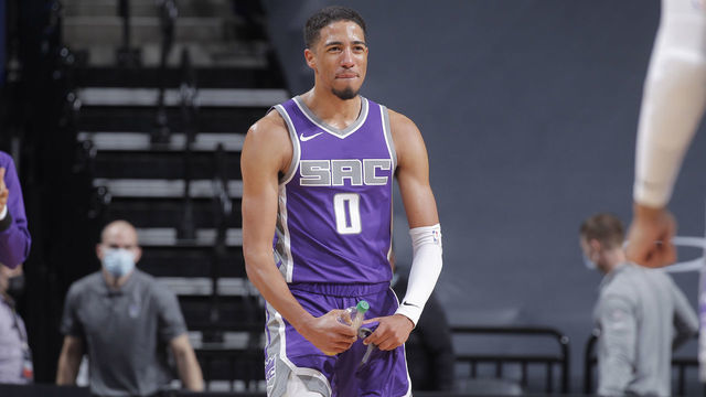 SACRAMENTO, CA - DECEMBER 29: Tyrese Haliburton #0 of the Sacramento Kings reacts during the game against the Denver Nuggets on December 29, 2020 at Golden 1 Center in Sacramento, California. NOTE TO USER: User expressly acknowledges and agrees that, by downloading and or using this photograph, User is consenting to the terms and conditions of the Getty Images Agreement. Mandatory Copyright Notice: Copyright 2020 NBAE
