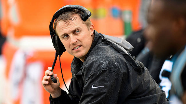 CHARLOTTE, NORTH CAROLINA - DECEMBER 29: Carolina Panthers running backs coach Jake Peetz during the second half during their game against the New Orleans Saints at Bank of America Stadium on December 29, 2019 in Charlotte, North Carolina.