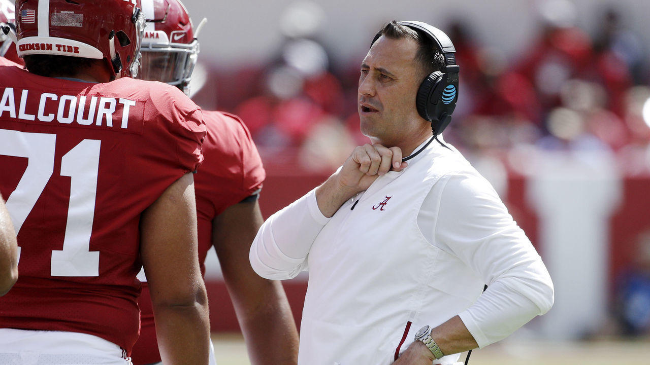 TUSCALOOSA, AL - SEPTEMBER 21: Alabama Crimson Tide offensive coordinator Steve Sarkisian looks on during a game against the Southern Mississippi Golden Eagles at Bryant-Denny Stadium on September 21, 2019 in Tuscaloosa, Alabama. Alabama defeated Southern Miss 49-7.
