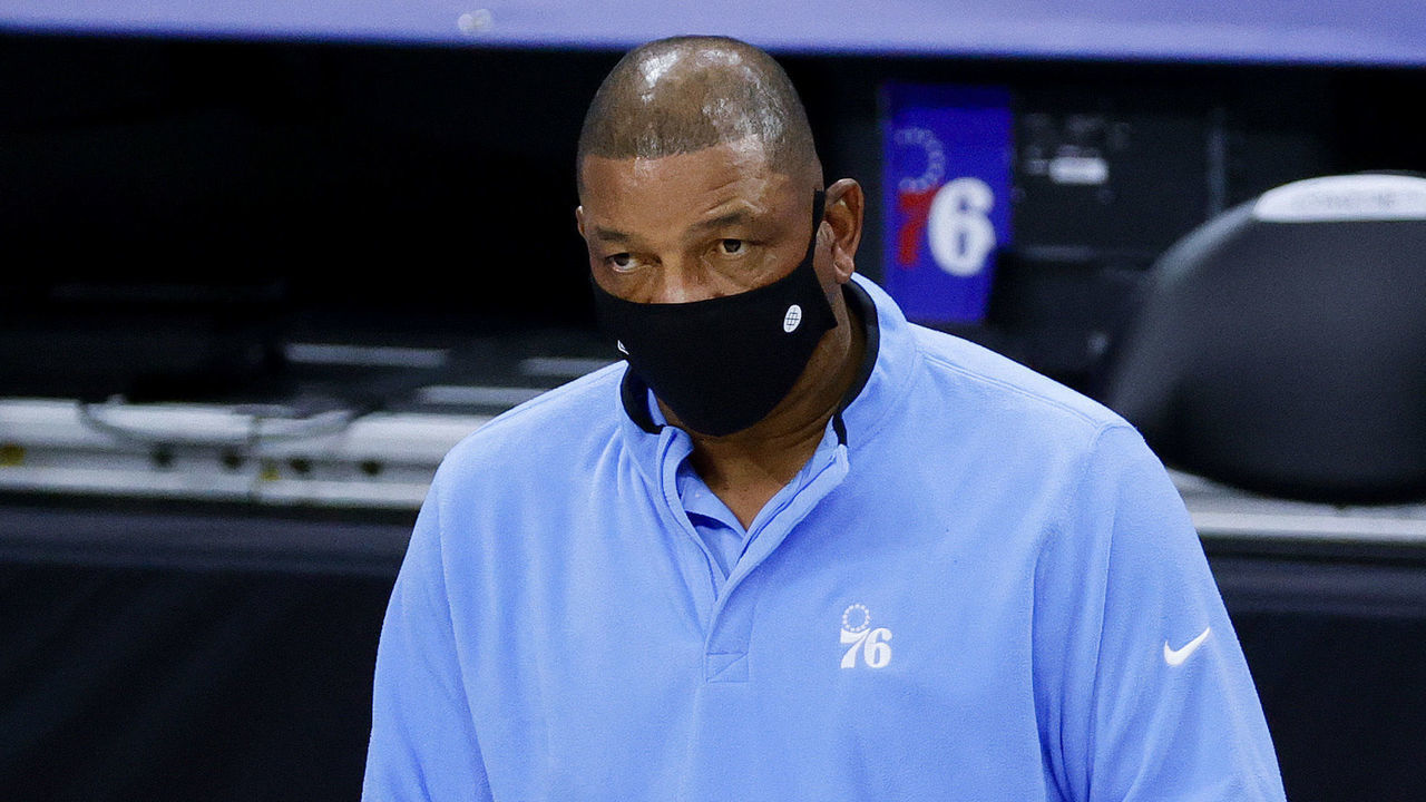 PHILADELPHIA, PENNSYLVANIA - JANUARY 04: Head coach Doc Rivers of the Philadelphia 76ers looks on in a game against the Charlotte Hornets at Wells Fargo Center on January 04, 2021 in Philadelphia, Pennsylvania.