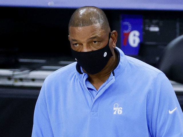 PHILADELPHIA, PENNSYLVANIA - JANUARY 04: Head coach Doc Rivers of the Philadelphia 76ers looks on in a game against the Charlotte Hornets at Wells Fargo Center on January 04, 2021 in Philadelphia, Pennsylvania.