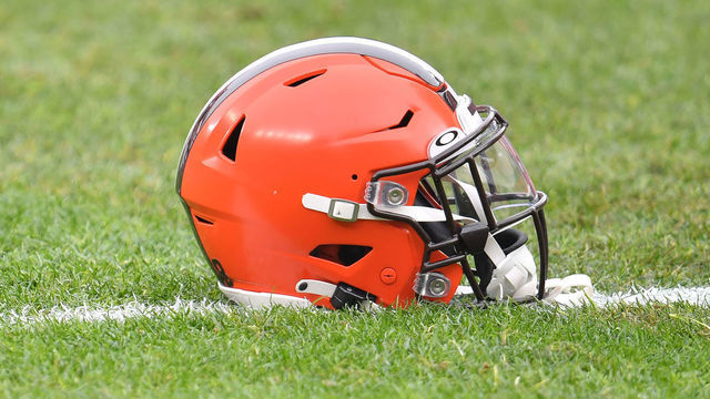 CLEVELAND, OHIO - JANUARY 03: An official Cleveland Browns helmet sits on the field prior to the game between the Cleveland Browns and the Pittsburgh Steelers at FirstEnergy Stadium on January 03, 2021 in Cleveland, Ohio. The Browns defeated the Steelers 24-22.