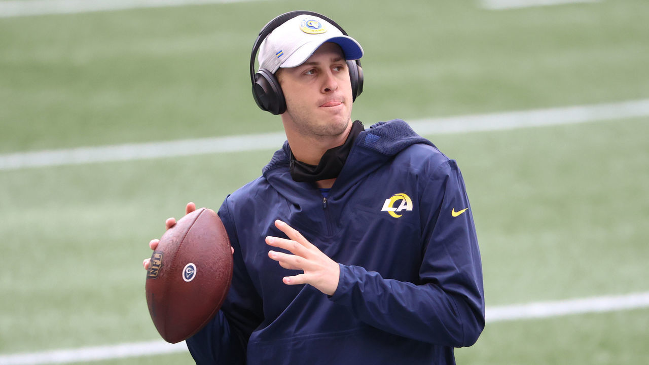 SEATTLE, WASHINGTON - DECEMBER 27: Jared Goff #16 of the Los Angeles Rams warms up before their game against the Seattle Seahawks at Lumen Field on December 27, 2020 in Seattle, Washington.