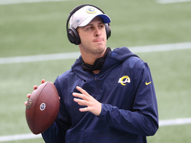 SEATTLE, WASHINGTON - DECEMBER 27: Jared Goff #16 of the Los Angeles Rams warms up before their game against the Seattle Seahawks at Lumen Field on December 27, 2020 in Seattle, Washington.