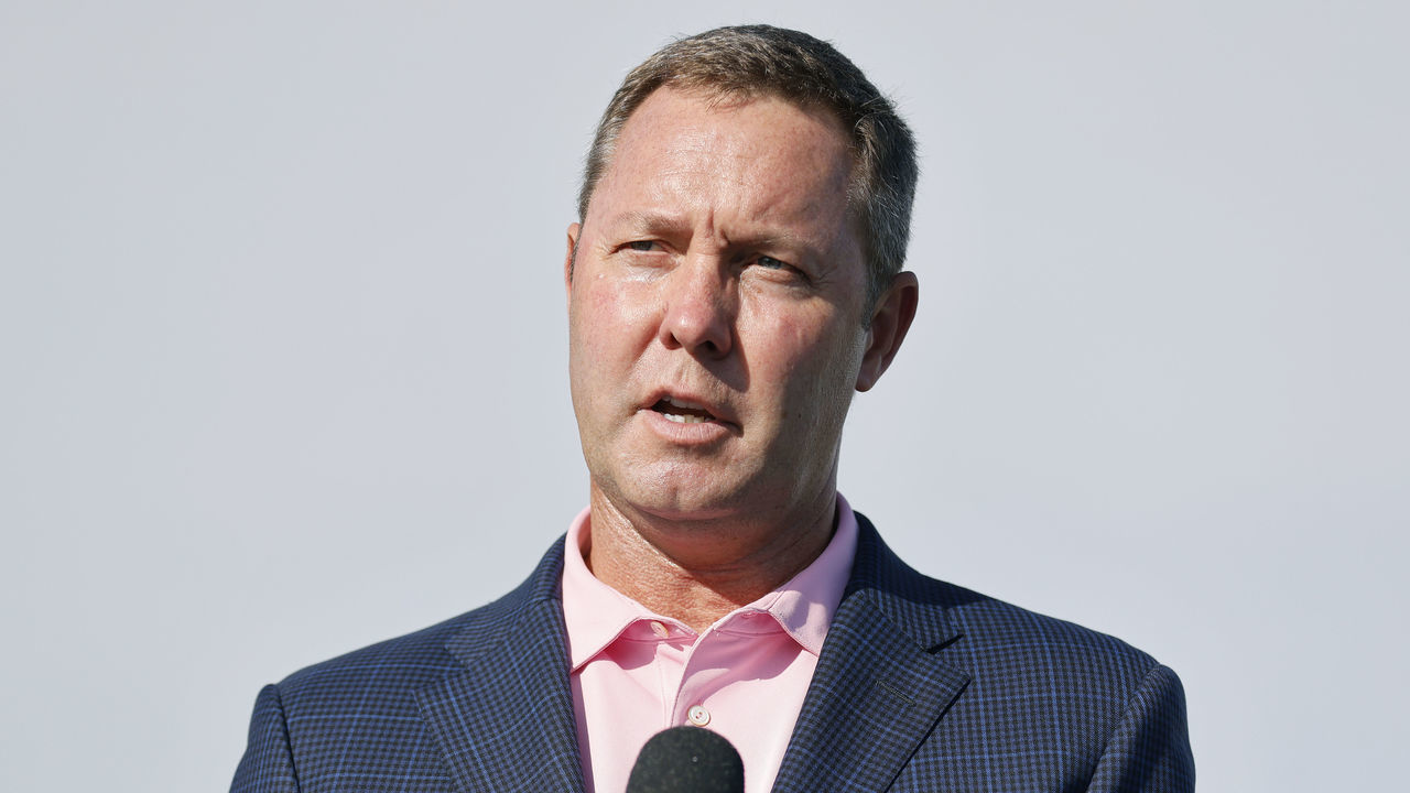 NAPLES, FLORIDA - DECEMBER 20: LPGA Commissioner Michael Whan speaks to the crowd during the trophy ceremony of the CME Group Tour Championship at Tiburon Golf Club on December 20, 2020 in Naples, Florida.