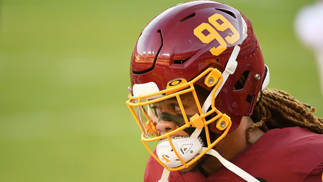 LANDOVER, MARYLAND - DECEMBER 27: Chase Young #99 of the Washington Football Team looks on prior to the game against the Carolina Panthers at FedExField on December 27, 2020 in Landover, Maryland.