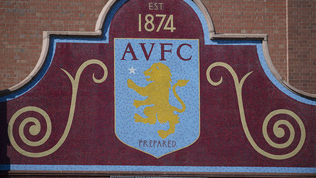 BIRMINGHAM, ENGLAND - MARCH 23: Aston Villa club crest featuring the The Rampant Lion of Scotland hallmark on the outside of the Holte End at Villa Park, home of Aston Villa FC on March 23, 2020 in Birmingham, United Kingdom.