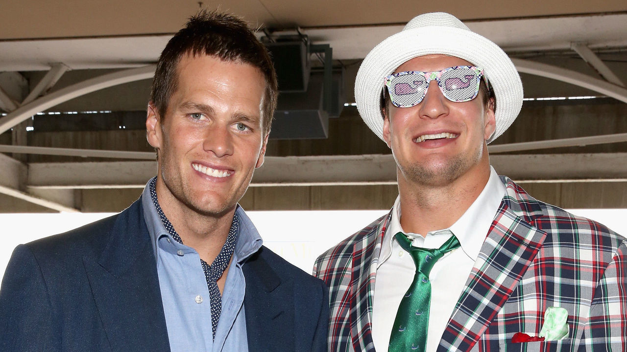 LOUISVILLE, KY - MAY 02: NFL players Tom Brady (L) and Rob Gronkowski attend the 141st Kentucky Derby at Churchill Downs on May 2, 2015 in Louisville, Kentucky.
