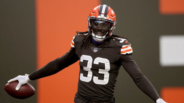 CLEVELAND, OHIO - OCTOBER 11: Ronnie Harrison Jr. #33 of the Cleveland Browns celebrates after scoring a touchdown from an interception in the third quarter against the Indianapolis Colts at FirstEnergy Stadium on October 11, 2020 in Cleveland, Ohio.