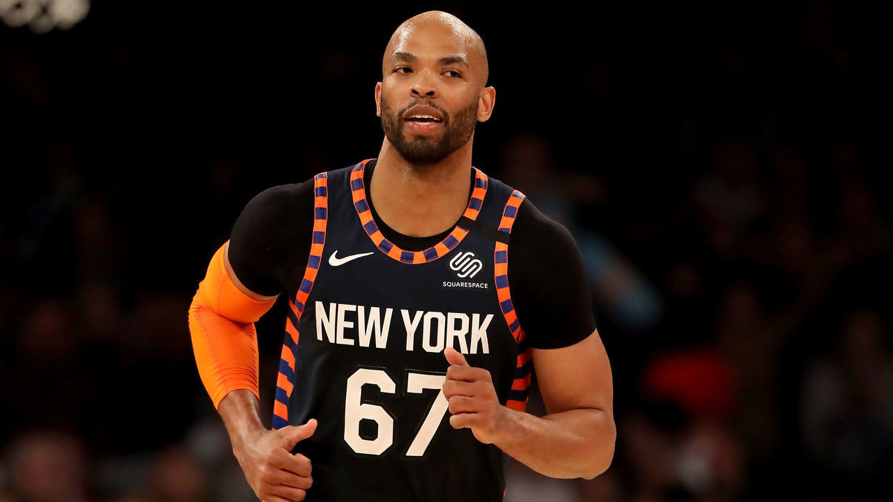 NEW YORK, NEW YORK - FEBRUARY 29: Taj Gibson #67 of the New York Knicks celebrates his shot in the first half against the Chicago Bulls at Madison Square Garden on February 29, 2020 in New York City.