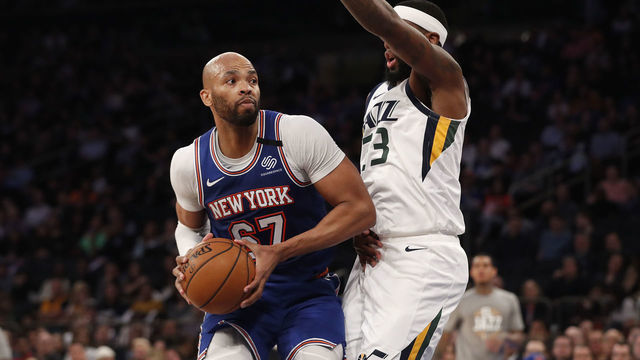 NEW YORK, NEW YORK - MARCH 04: Taj Gibson #67 of the New York Knicks looks to pass against Royce O'Neale #23 of the Utah Jazz during their game at Madison Square Garden on March 04, 2020 in New York City.