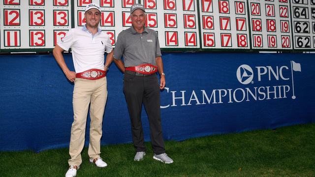 ORLANDO, FL - DECEMBER 20: Justin Thomas and his father Mike Thomas stand together with their belts after the final round of the PGA TOUR Champions PNC Championship at Ritz-Carlton Golf Club on December 20, 2020 in Orlando, Florida.