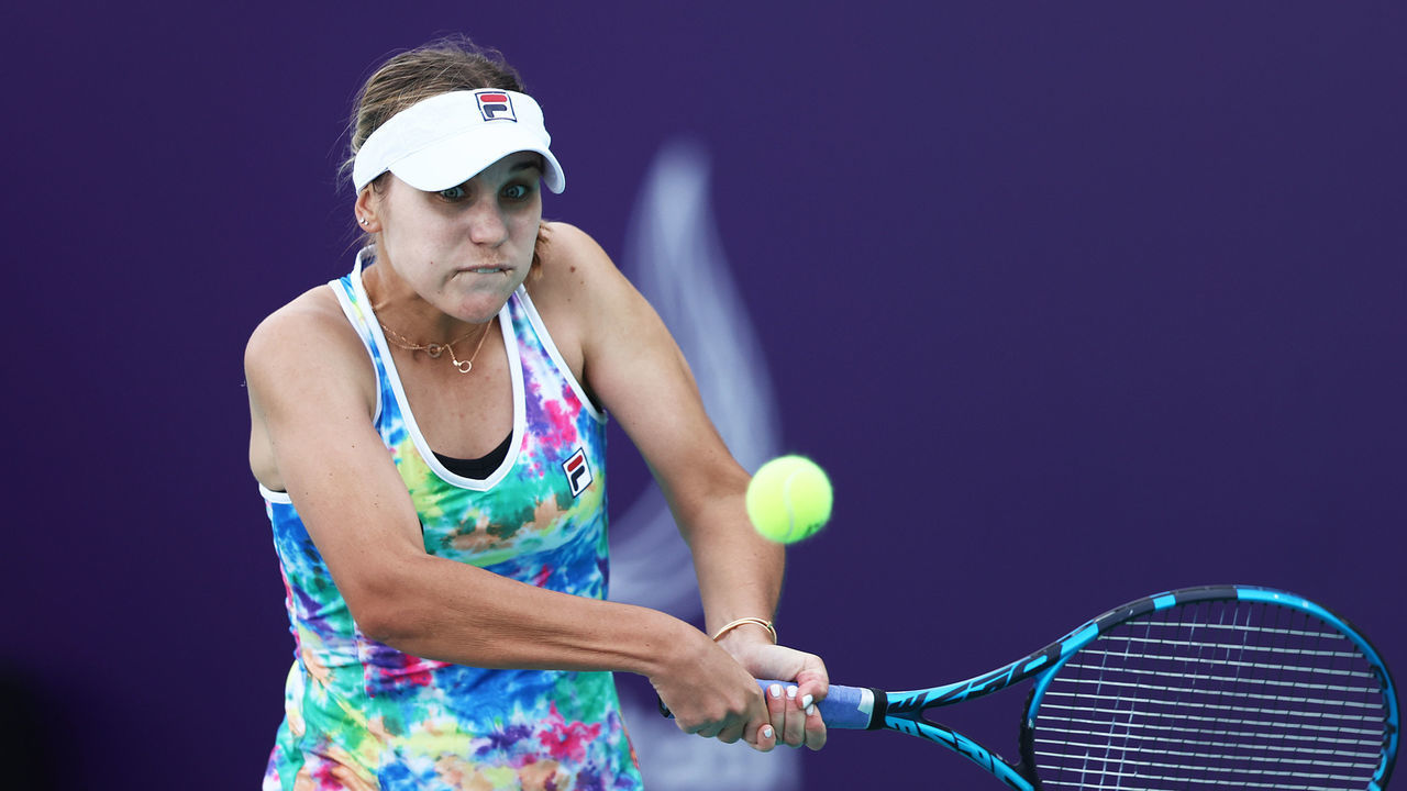 ABU DHABI, UNITED ARAB EMIRATES - JANUARY 07: Sofia Kenin of USA in action during her Women's Singles match on Day Two of the Abu Dhabi WTA Women's Tennis Open at Zayed Sports City on January 07, 2021 in Abu Dhabi, United Arab Emirates.