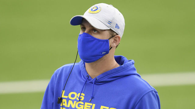 INGLEWOOD, CALIFORNIA - JANUARY 03: Jared Goff #16 of the Los Angeles Rams looks on during the game against the Arizona Cardinals at SoFi Stadium on January 03, 2021 in Inglewood, California.