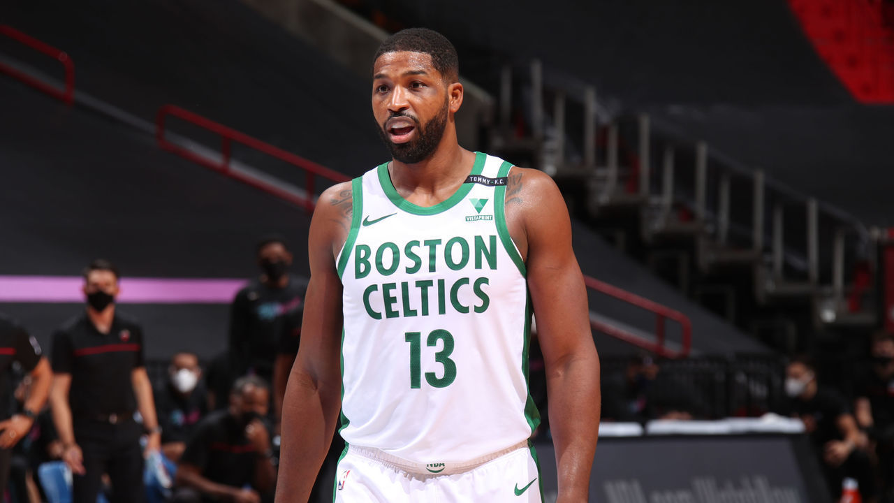 MIAMI, FL - JANUARY 6: Tristan Thompson #13 of the Boston Celtics looks on during the game against the Miami Heat on January 6, 2021 at American Airlines Arena in Miami, Florida. Mandatory Copyright Notice: Copyright 2021 NBAE