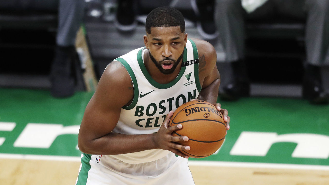 BOSTON, MASSACHUSETTS - DECEMBER 25: Tristan Thompson #13 of the Boston Celtics looks to pass during the first quarter of the game against the Brooklyn Nets at TD Garden on December 25, 2020 in Boston, Massachusetts.