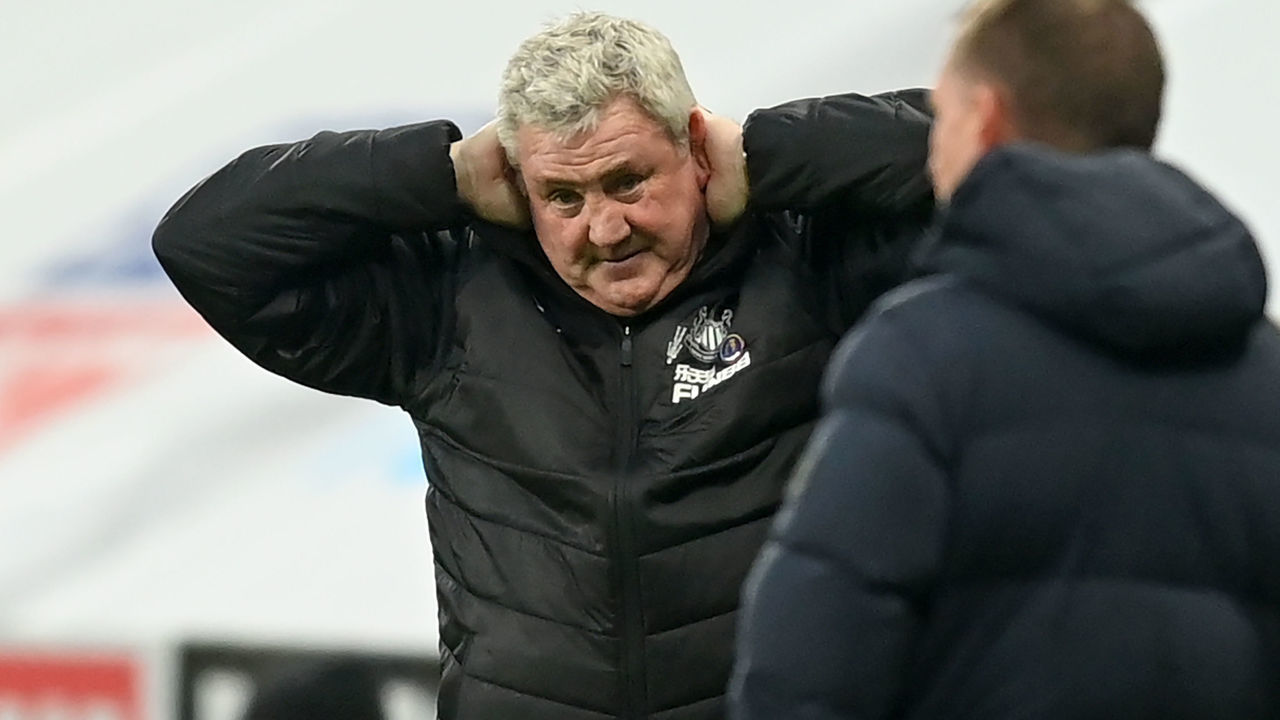 Newcastle United's English head coach Steve Bruce gestures on the touchline during the English Premier League football match between Newcastle United and Leicester City at St James' Park in Newcastle-upon-Tyne, north east England on January 3, 2021. - Leicester won the game 2-1.