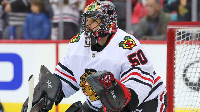 NEWARK, NJ - DECEMBER 06: Chicago Blackhawks goaltender Corey Crawford (50) prior to the National Hockey League game between the New Jersey Devils nd the Chicago Blackhawks on December 6, 2019 at the Prudential Center in Newark, NJ.