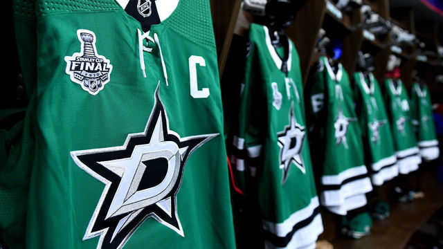 EDMONTON, ALBERTA - SEPTEMBER 23: A detailed view is seen of a 2020 NHL Stanley Cup Final logo on the jersey of Jamie Benn #14 of the Dallas Stars in the Stars locker room before Game Three of the NHL Stanley Cup Final between the Tampa Bay Lightning and the Dallas Stars at Rogers Place on September 23, 2020 in Edmonton, Alberta, Canada.