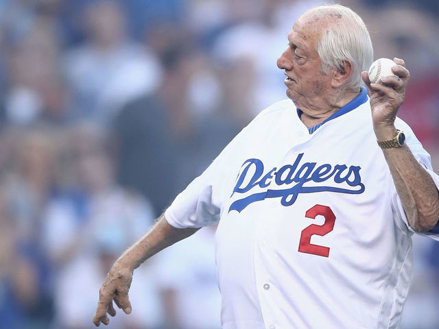 LOS ANGELES, CA - OCTOBER 26: Former Los Angeles Dodgers player and manager Tommy Lasorda throws the ceremonial first pitch prior to Game Three of the 2018 World Series between the Los Angeles Dodgers and the Boston Red Sox at Dodger Stadium on October 26, 2018 in Los Angeles, California.