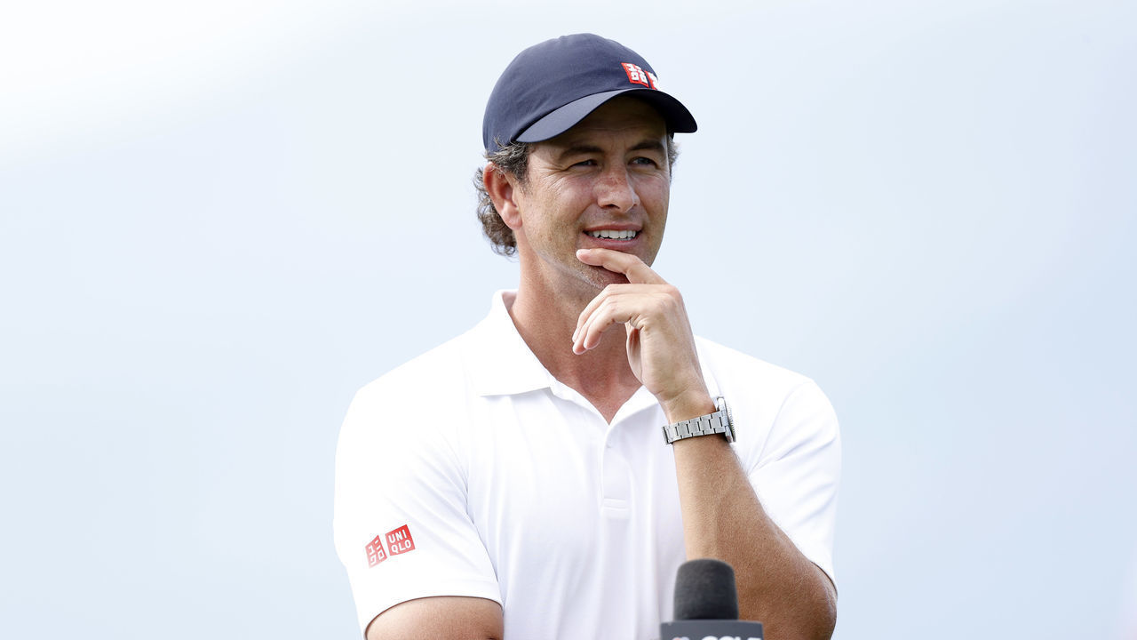 KAPALUA, HAWAII - JANUARY 07: Adam Scott of Australia is interviewed after finishing the first round of the Sentry Tournament Of Champions at the Kapalua Plantation Course on January 07, 2021 in Kapalua, Hawaii.