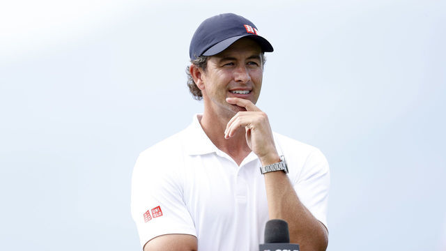 KAPALUA, HAWAII - JANUARY 07: Adam Scott of Australia is interviewed after finishing the first round of the Sentry Tournament Of Champions at the Kapalua Plantation Course on January 07, 2021 in Kapalua, Hawaii.