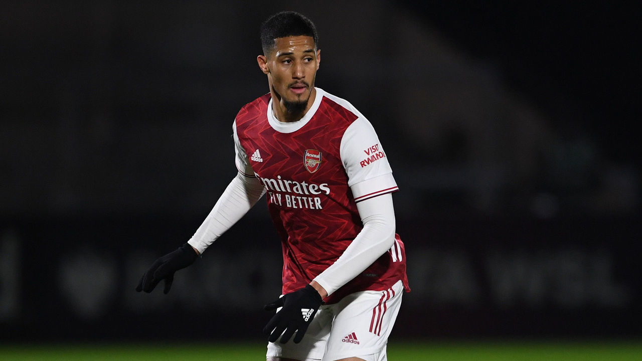 BOREHAMWOOD, ENGLAND - DECEMBER 18: William Saliba of Arsenal during the PL2 match between Arsenal U23 and Leicester City U23 at Meadow Park on December 18, 2020 in Borehamwood, England.