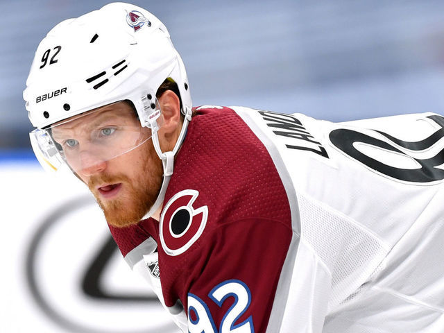 EDMONTON, ALBERTA - JULY 29: Gabriel Landeskog #92 of the Colorado Avalanche looks on during the first period against the Minnesota Wild in the exhibition game prior to the 2020 NHL Stanley Cup Playoffs at Rogers Place on July 29, 2020 in Edmonton, Alberta.