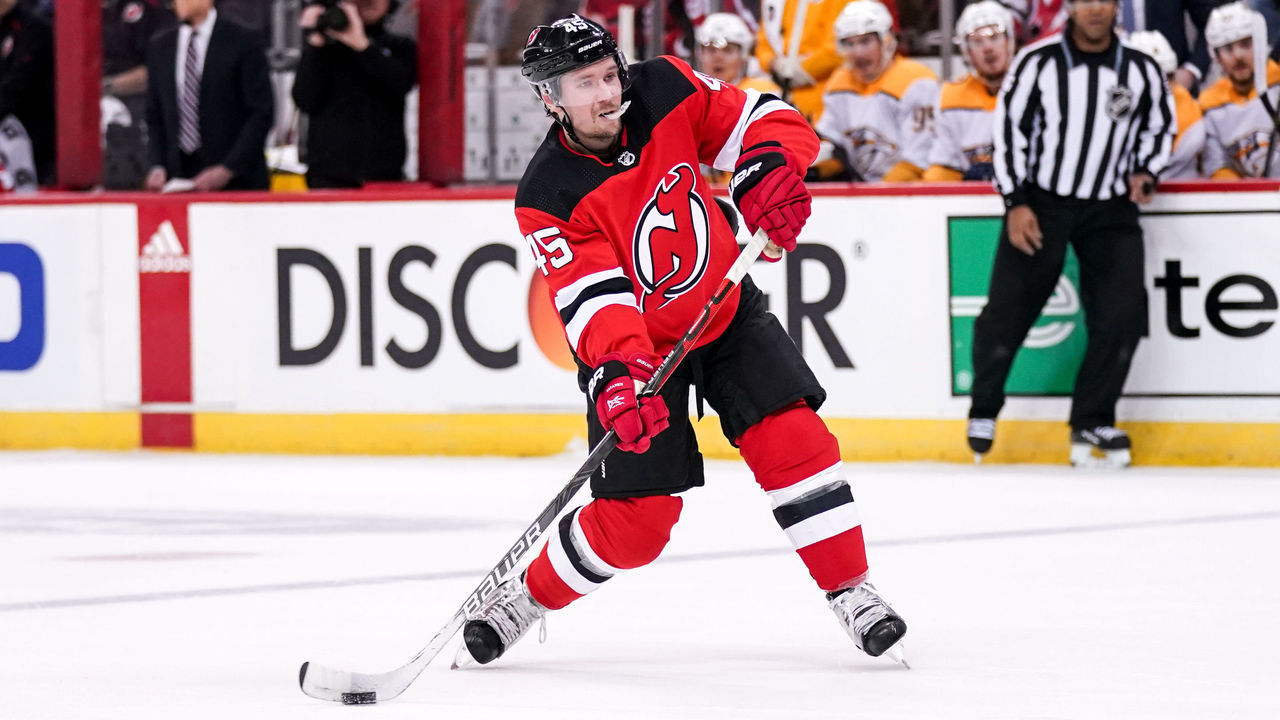 NEWARK, NJ - JANUARY 30: New Jersey Devils Defenceman Sami Vatanen (45) takes a shot on the Predators net during the game between the Nashville Predators and the New Jersey Devils on January 30, 2020 at the Prudential Center in Newark, New Jersey.