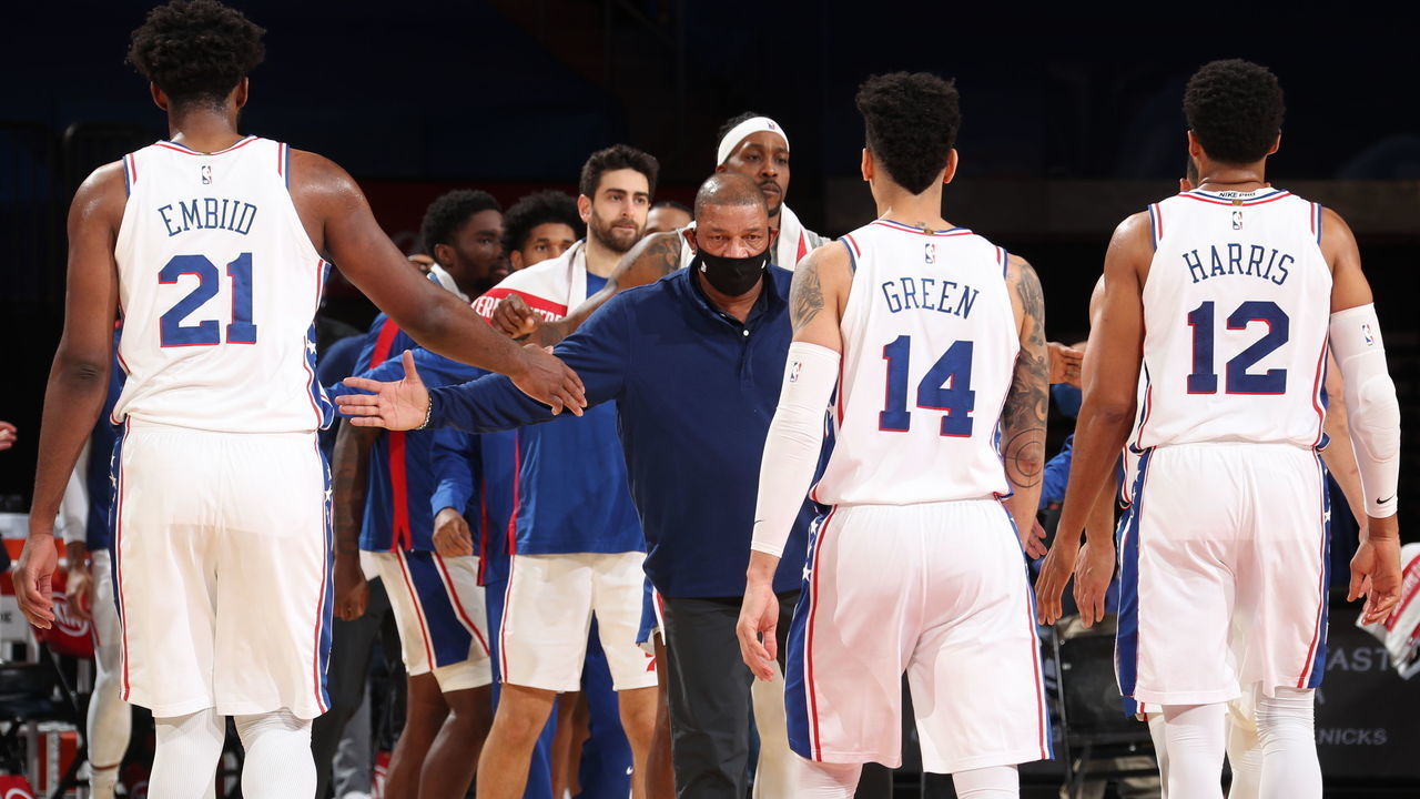 NEW YORK, NY - DECEMBER 26: Head Coach Doc Rivers hi-fives his team during the game against the New York Knicks on December 26, 2020 at Madison Square Garden in New York City, New York. Mandatory Copyright Notice: Copyright 2020 NBAE