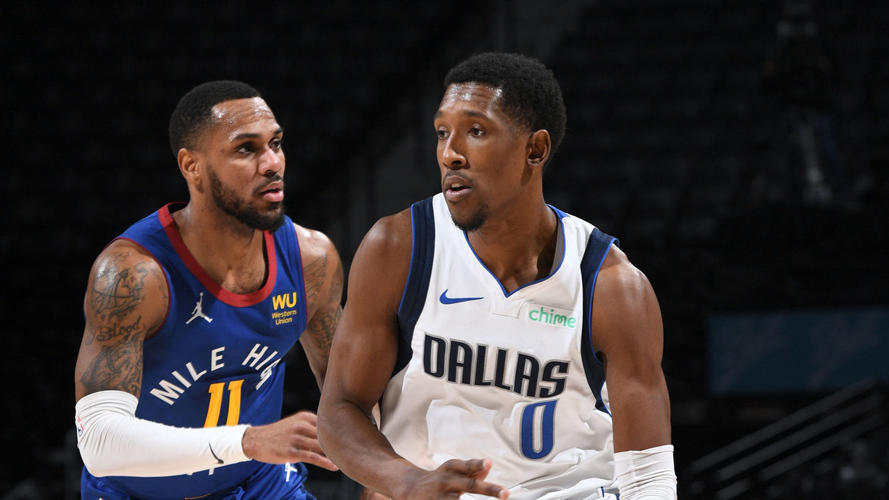 DENVER, CO - JANUARY 7: Josh Richardson #0 of the Dallas Mavericks handles the ball against the Denver Nuggets on January 7, 2021 at the Ball Arena in Denver, Colorado. NOTE TO USER: User expressly acknowledges and agrees that, by downloading and/or using this Photograph, user is consenting to the terms and conditions of the Getty Images License Agreement. Mandatory Copyright Notice: Copyright 2021 NBAE