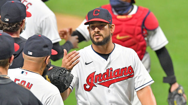 CLEVELAND, OHIO - SEPTEMBER 07: Brad Hand #33 of the Cleveland Indians celebrates after getting the save against the Kansas City Royals at Progressive Field on September 07, 2020 in Cleveland, Ohio. The Indians defeated the Royals 5-2.