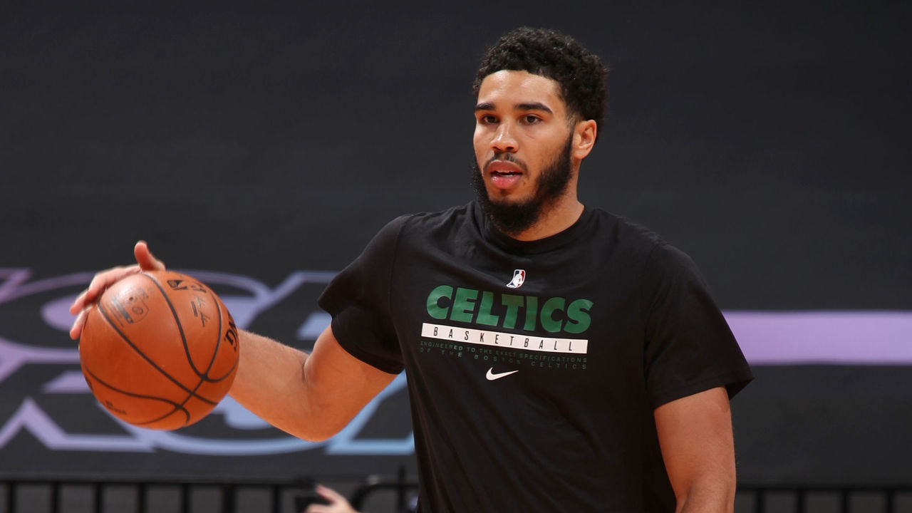 MIAMI, FL - JANUARY 6: Jayson Tatum #0 of the Boston Celtics warms up before the game against the Miami Heat on January 6, 2021 at American Airlines Arena in Miami, Florida. Mandatory Copyright Notice: Copyright 2021 NBAE