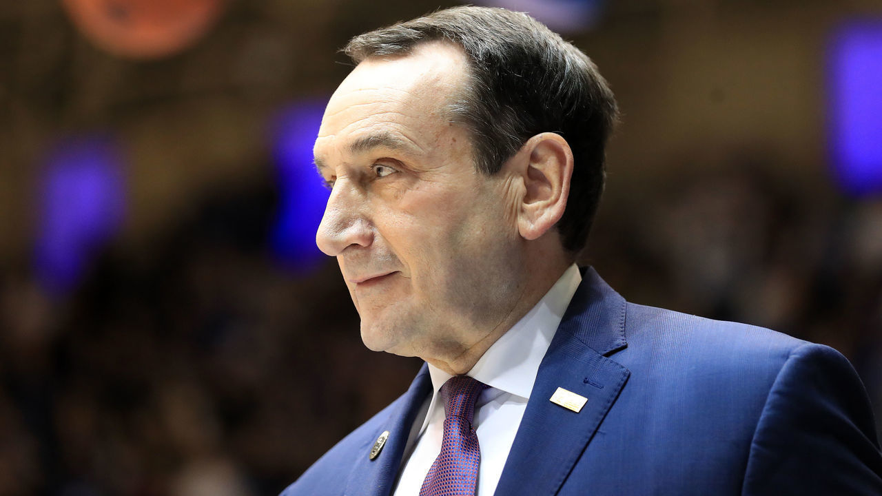 DURHAM, NORTH CAROLINA - FEBRUARY 15: Head coach Mike Krzyzewski of the Duke Blue Devils watches on before their game against the Notre Dame Fighting Irish at Cameron Indoor Stadium on February 15, 2020 in Durham, North Carolina.