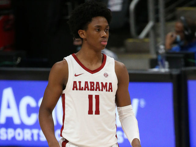 ATLANTA, GA - DECEMBER 12: Alabama Crimson Tide guard Joshua Primo (11) during the game between the Clemson Tigers and the Alabama Crimson Tide on December 12, 2020 at State Farm Arena in Atlanta, Georgia.