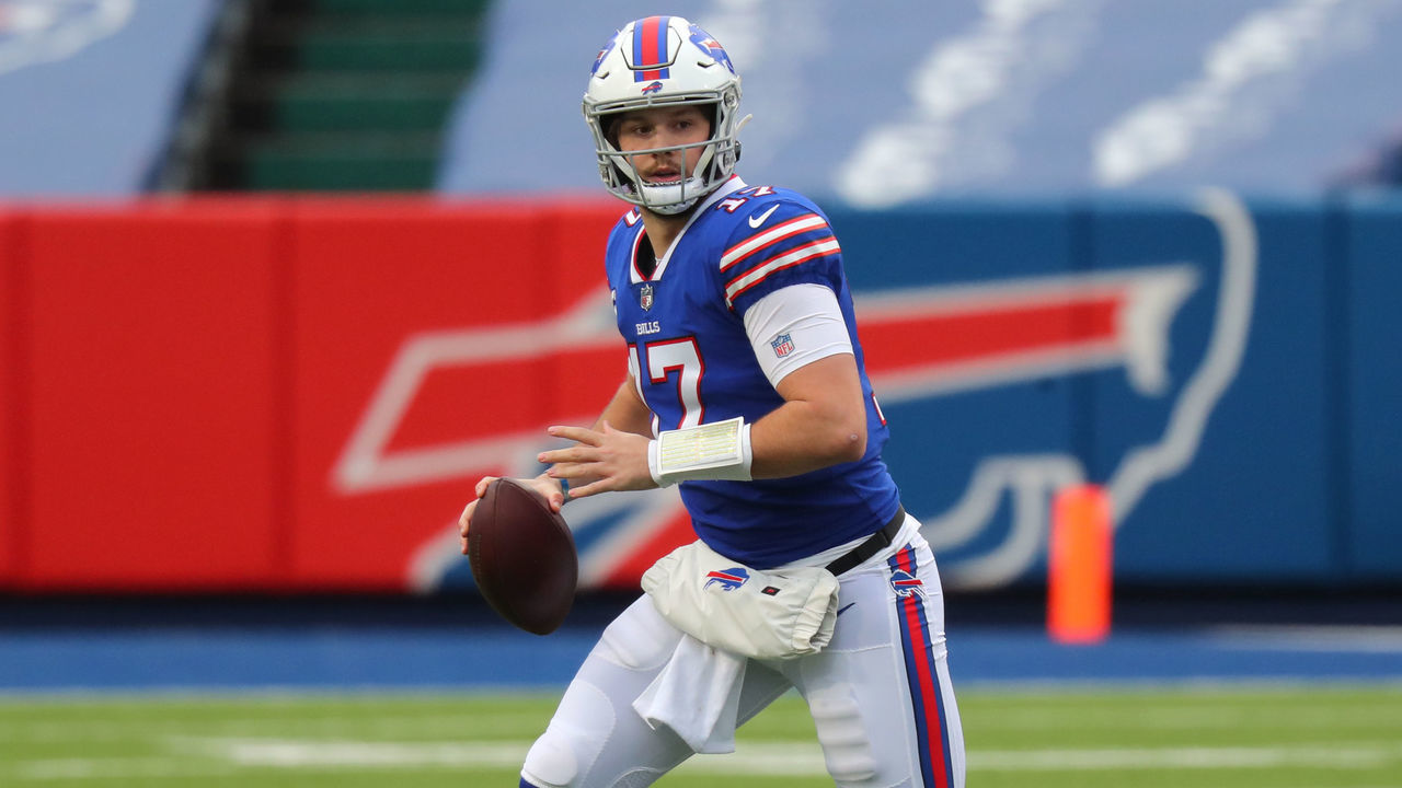 ORCHARD PARK, NY - JANUARY 03: Josh Allen #17 of the Buffalo Bills looks to throw a pass during a game against the Miami Dolphins at Bills Stadium on January 3, 2021 in Orchard Park, New York.