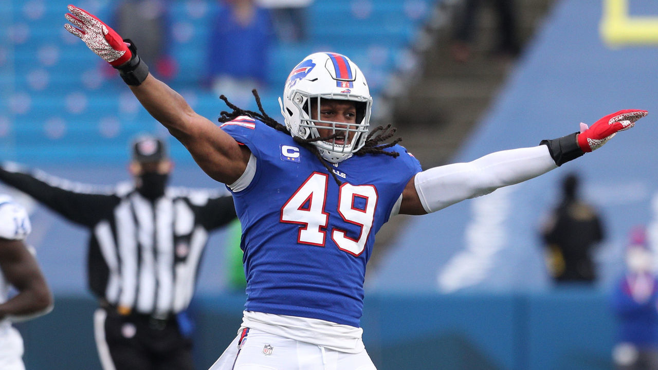 ORCHARD PARK, NEW YORK - JANUARY 09: Josh Norman #29 of the Buffalo Bills celebrates after breaking up a pass during the second half of the AFC Wild Card playoff game against the Indianapolis Colts at Bills Stadium on January 09, 2021 in Orchard Park, New York. The Bills won 27-24.