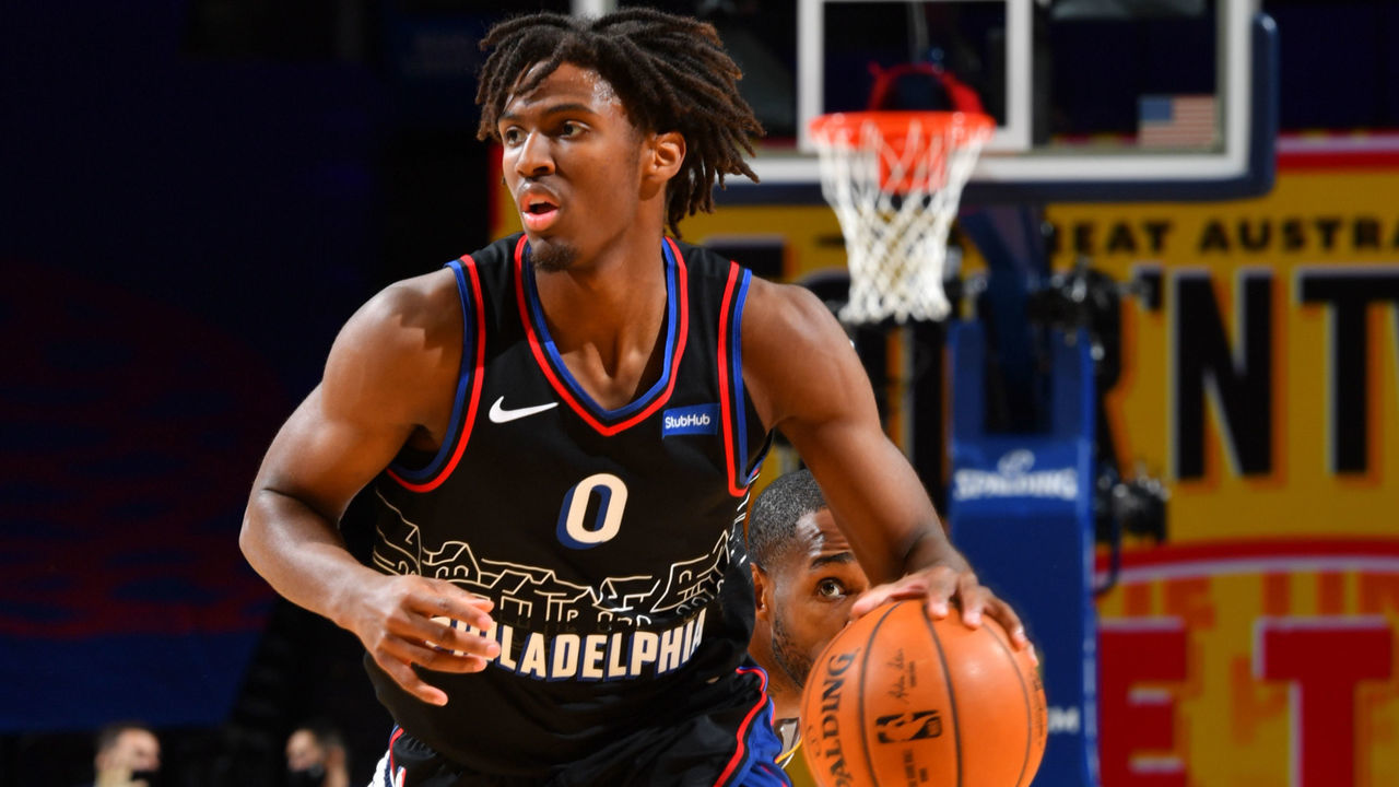 PHILADELPHIA, PA - JANUARY 9: Tyrese Maxey #0 of the Philadelphia 76ers handles the ball during the game against the Denver Nuggets on January 9, 2021 at the Wells Fargo Center in Philadelphia, Pennsylvania NOTE TO USER: User expressly acknowledges and agrees that, by downloading and/or using this Photograph, user is consenting to the terms and conditions of the Getty Images License Agreement. Mandatory Copyright Notice: Copyright 2021 NBAE