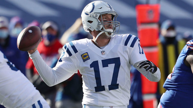 ORCHARD PARK, NEW YORK - JANUARY 09: Philip Rivers #17 of the Indianapolis Colts throws a pass during the first half of the AFC Wild Card playoff game against the Buffalo Bills at Bills Stadium on January 09, 2021 in Orchard Park, New York.