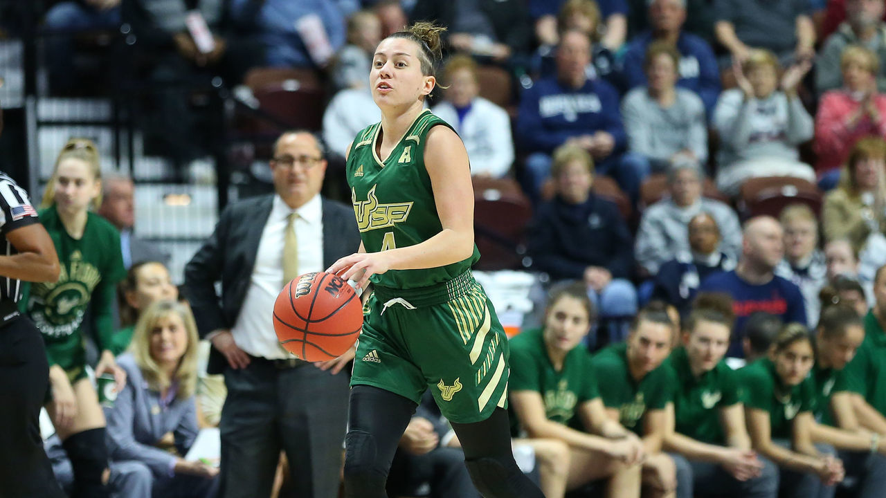 UNCASVILLE, CT - MARCH 08: USF Bulls guard Elisa Pinzan (4) with the ball during the women's American Athletic Conference Tournament game between USF Bulls and UConn Huskies on March 8, 2020, at Mohegan Sun Arena in Uncasville, CT.
