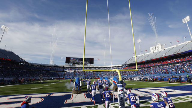 ORCHARD PARK, NEW YORK - JANUARY 09: The Buffalo Bills take the field during the first half of the AFC Wild Card playoff game against the Indianapolis Colts at Bills Stadium on January 09, 2021 in Orchard Park, New York.
