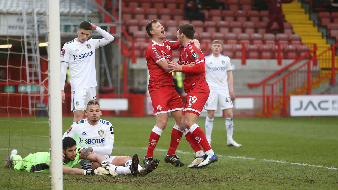 CRAWLEY, ENGLAND - JANUARY 10: Crawley Town's Jordan Tunnicliffe celebrates scoring his side's third goal with Tony Craig during the FA Cup Third Round match between Crawley Town and Leeds United at The People's Pension Stadium on January 10, 2021 in Crawley, England.