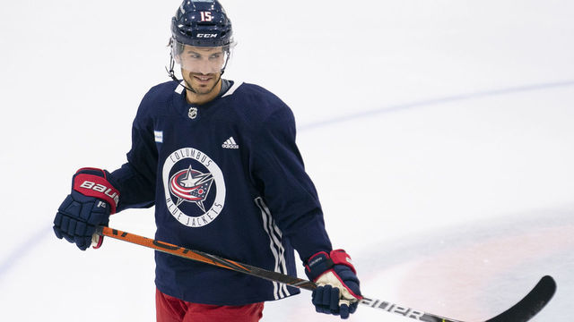 COLUMBUS, OH - JANUARY 04: Michael Del Zotto #15 of the Columbus Blue Jackets during training camping held at Nationwide Arena in Columbus, Ohio on January 4, 2021.